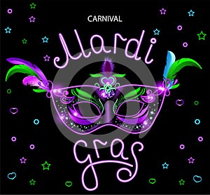 Black carnival mask with violet pink blue feathers on black background. Neon banner. Vector card with handwritten calligraphy text