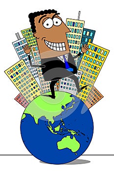 Black cartoon businessman standing on Earth, city in background