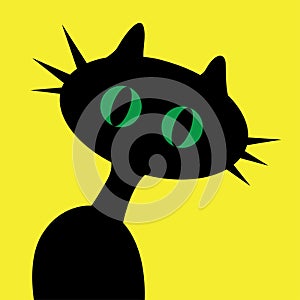 Black cartoon cat with green eyes on yellow