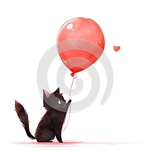 Black cartoon cat holding red air balloon isolated on white background