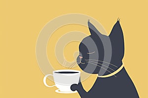 black cartoon cat savoring the aroma of a hot cup of coffee or tea