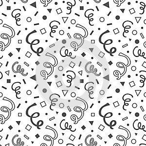 Black cartoon hand drawn curls and geometrical shapes seamless pattern on white background