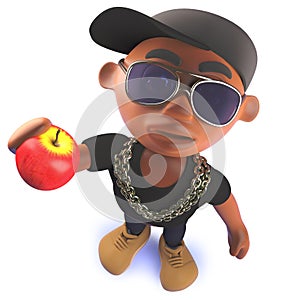 Black cartoon hiphop rapper character in 3d eating an apple