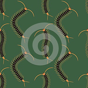 Black Cartoon Scolopendra Isolated on Green Background. Giant Sentipede Animal Icon Seamless Pattern