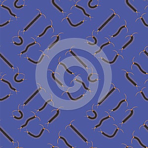 Black Cartoon Scolopendra Seamless Pattern Isolated on Blue Background. Giant Sentipede Animal Icon