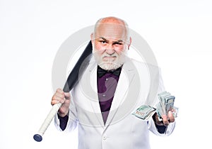 Black cash money. Senior man hold cash money and baseball bat. Richness wellbeing. Money profit. Personal security