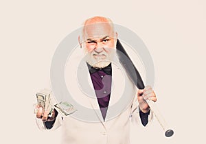 Black cash money. Senior man hold cash money and baseball bat. Richness wellbeing. Money profit. Personal security