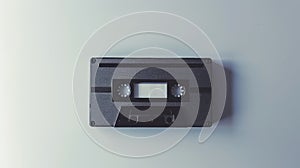 Black cassette tape on a light background, representing simplicity and retro music. Concept of vintage, minimalist