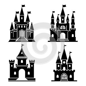 Black castle icon set. Kingdom towers fantasy gothic architecture buildings silhouette collection. Medieval fortress