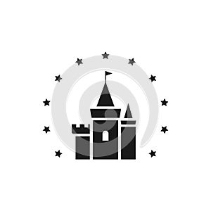 Black castle with stars or fireworks icon. Tower, fortress. fairy tale, magic, fantasy logo