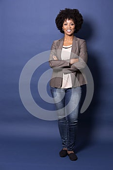 Black casual woman on blue background
