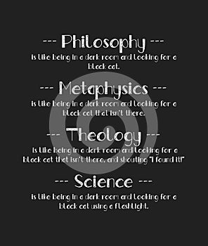 The Black Cat Analogy shows the difference between Philosophy, Metaphysics, Theology and Science. Funny text art illustration