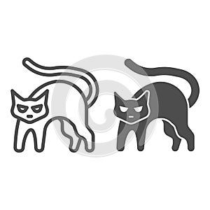 Black cat with arched back line and solid icon, halloween concept, hissing cat sign on white background, bad luck symbol