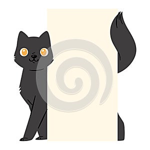 Black cat banner vector kitten character peeking behind cardboard kitty holding copy space message poster illustration
