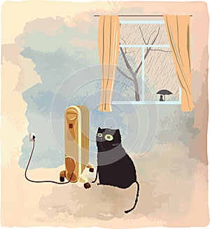 Black cat basking near the heater vector illustration