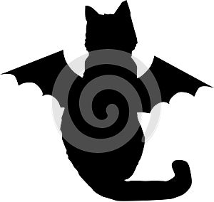 Black cat with bat wings silhouette isolated on white background
