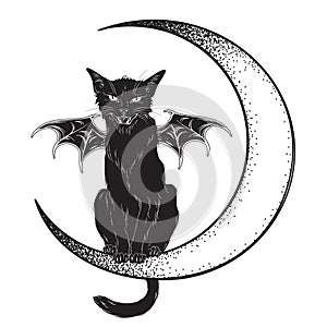 Black cat with bat wings sitting on the crescent moon isolated line art and dotwork vector illustration. Witches familiar spirit a photo