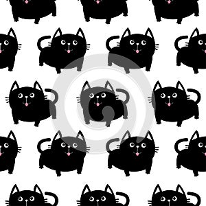 Black cat. Big tail, whisker, tongue, eyes. Cute cartoon character. Baby pet collection. Seamless Pattern Wrapping paper, textile