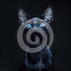 Black cat with blue eyes portraiture on dark background, high detail shot with sony a1 85mm f8 lens photo