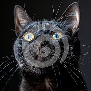 Black cat with blue eyes in sharp detail 85mm f8 sony a1 portrait on dark background photo