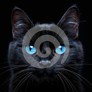 Black cat with blue eyes staring at camera on dark background sony a1, 85mm f8 high detail photo