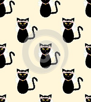 Black Cat Bride Wedding on Beige Ivory Background. Vector Illustration.