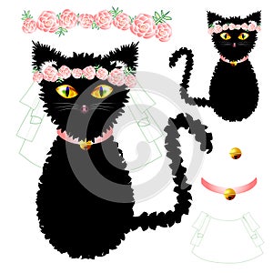 Black Cat Bride with Yellow Eyes, Crown Pink Rose Flower, Golden Ball Collar. Valentine Day. Vector Illustration