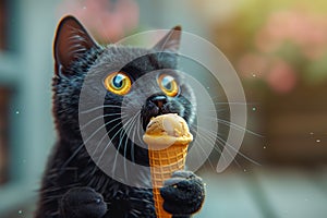 Black Cat with Bright Yellow Eyes Enjoying a Vanilla Ice Cream Cone in a Colorful Garden Setting