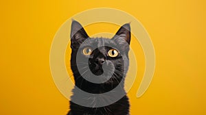 Black cat with bright yellow eyes on a yellow background