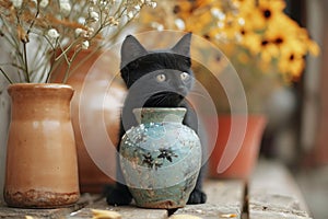 Black Cat With Broken Vase: Cute Mess