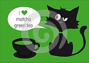 Black cat with cap of matcha green tea isolated on tea background with text, heart on green background