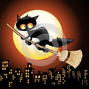 Black Cat Cartoon on Witch Broom