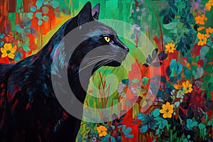 Black cat in the colorful flowers garden