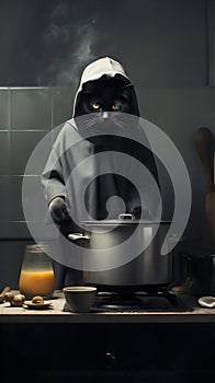 Black cat cooking in kitchen with various pots and pans