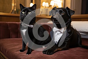 a black cat and a dog in tuxedos, attending a gala event for the animals