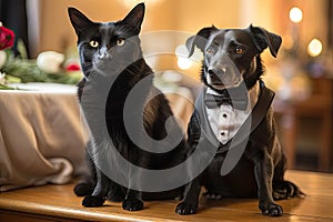 a black cat and a dog in tuxedos, attending a gala event for the animals