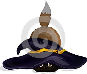 Black cat or dog in witch hat on white background