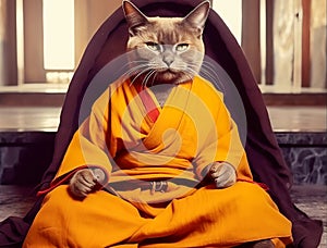 Black cat dressed in buddhist monk orange clad robe sitting in meditation pose. Funny animal image