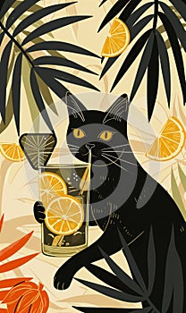 Black cat drinking a cocktail in the garden. Cinco de Mayo celebration banner 3:5