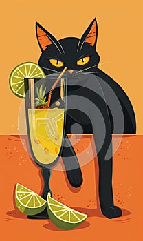 Black cat drinking a cocktail with pineapple and lime. Cinco de Mayo celebration. Banner 3:5