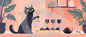 Black cat drinks pink champagne. Black caviar canape. Flat illustration banner for event 7:3