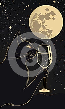 Black cat drinks white wine under the full moon. Flat illustration banner 3:5