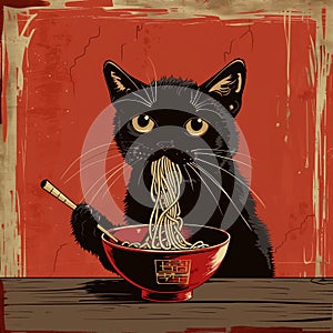 Black cat eating Chinese ramen noodles. Asian style illustration. Design poster for menu, restaurant