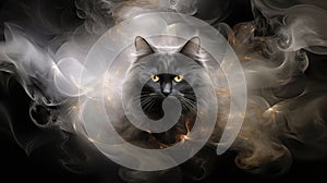 Black cat exudes sense of mystique and allure, enigmatic presence in white and gold smoke