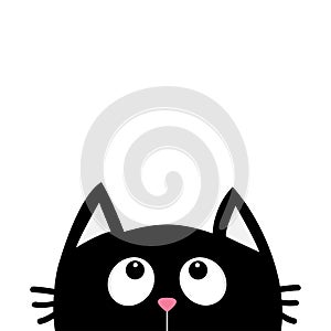 Black cat face head silhouette looking up. Cute cartoon character. Kawaii animal. Baby card. Pet collection. Flat design style.