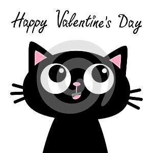 Black cat face head silhouette looking up. Happy Valentines Day. Cute cartoon character. Kawaii smiling animal. Baby card. Pet