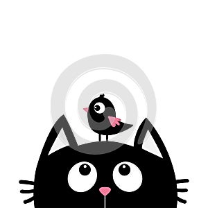 Black cat face head silhouette looking up to bird. Cute cartoon character. Kawaii animal. Baby card. Pet collection. Flat design s