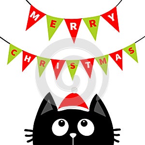 Black cat face head silhouette looking up to Bunting flags letters. Flag garland. Merry Christmas. Santa hat. Party decoration