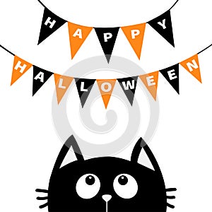 Black cat face head silhouette looking up to Bunting flags letters Happy Halloween. Flag garland. Party decoration element. Hangin