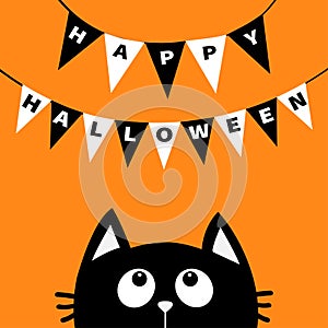 Black cat face head silhouette looking up to Bunting flags letters Happy Halloween. Flag garland. Party decoration element. Hangin